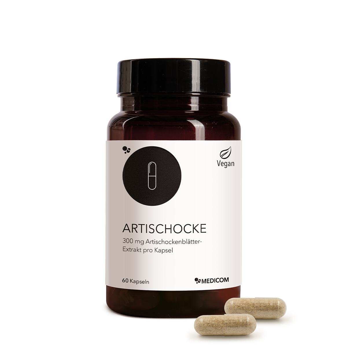 Artischocke von Medicom – die Produktdose von Artischocke mit zwei Kapseln im Vordergrund
