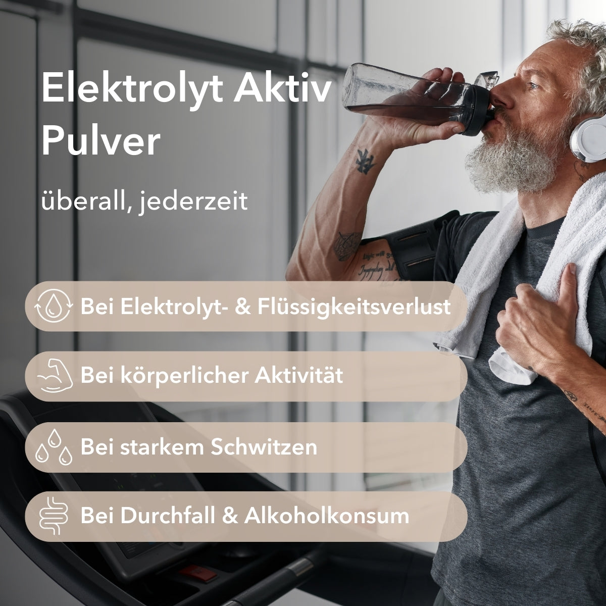 Ein Mann mit grauem Bart trinkt Wasser auf einem Laufband. Rechts im Bild Produktinformationen mit Anwendungsgebieten zu Elektrolyt Aktiv zur Unterstützung bei körperlicher Aktivität, bei Elektrolyt- und Flüssigkeitsverlust, bei starkem Schwitzen, bei Durchfall und Alkoholkonsum.