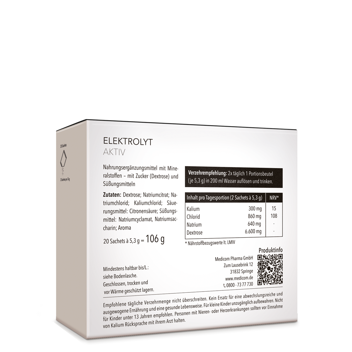 Faltschachtel mit Medicom Elektrolyt Aktiv – Nahrungsergänzungsmittel mit Mineralstoffen, Nährwertangaben und Inhaltsstoffen auf der Rückseite der Faltschachtel.