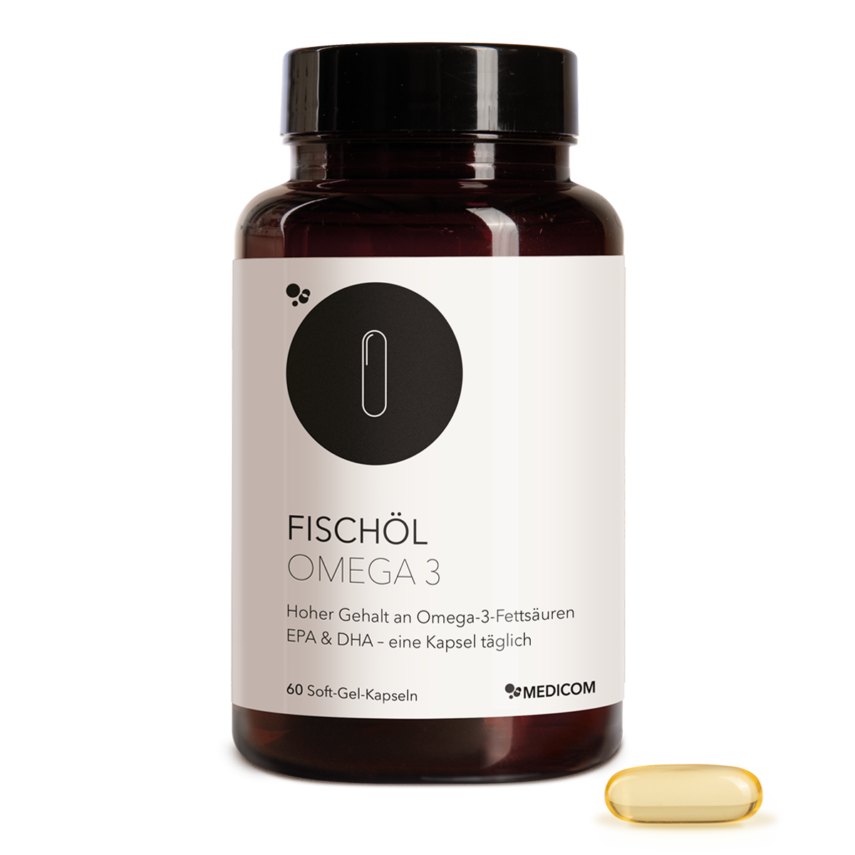 Die Produktdose von Fischöl Omega 3 in der Vorderansicht und eine Soft-Gel-Kapsel davor