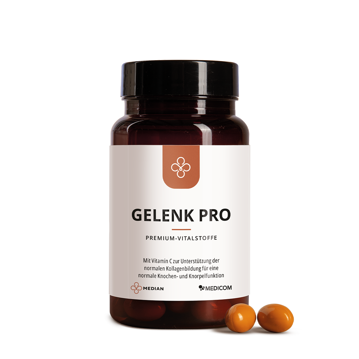 Eine Flasche mit der Aufschrift Median Gelenk Pro von Medicom und drei braune Kapseln mit Curcumin-Konzentrat sind auf weißem Hintergrund zu sehen.