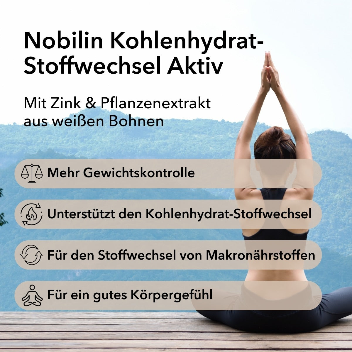 Produktinformationen zu Nobilin Kohlenhydrat-Stoffwechsel Aktiv mit Angabe von Inhaltsstoffen wie Zink und Pflanzenextrakt aus weißen Bohnen mit folgenden Anwendungsgebieten: mehr Gewichtskontrolle, für den Kohlenhydrat-Stoffwechsel, für den Stoffwechsel von Makronährstoffen, für ein gutes Körpergefühl.