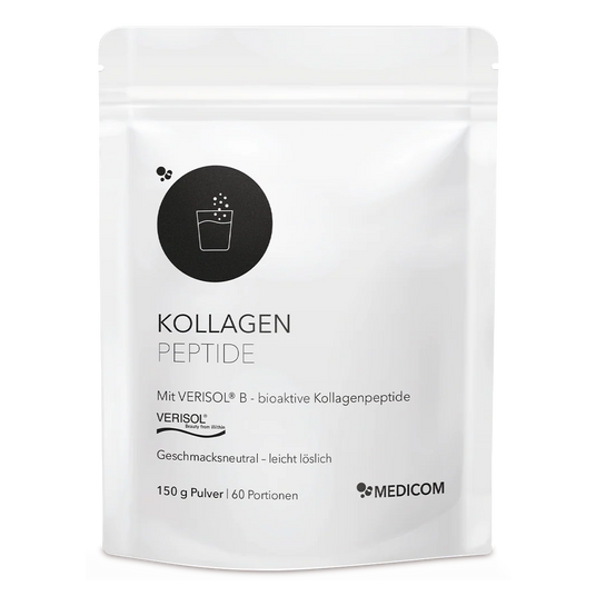 Weißer Beutel mit der Aufschrift Kollagen Peptide mit schwarzem Text und Symbolen, aufrecht stehend auf einem einfarbigen Hintergrund.