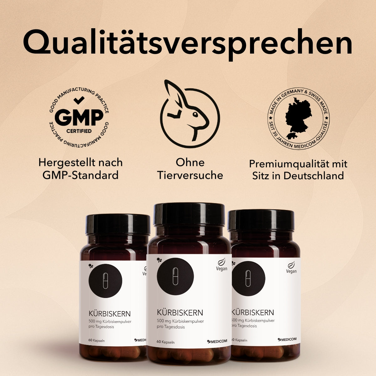 Das Qualitätsversprechen von Medicom mit drei Icons von Medicom: hergestellt nach GMP-Standard, ohne Tierversuche, Premiumqualität mit Sitz in Deutschland. Drei Produktdosen von Kürbiskern unten abgebildet.