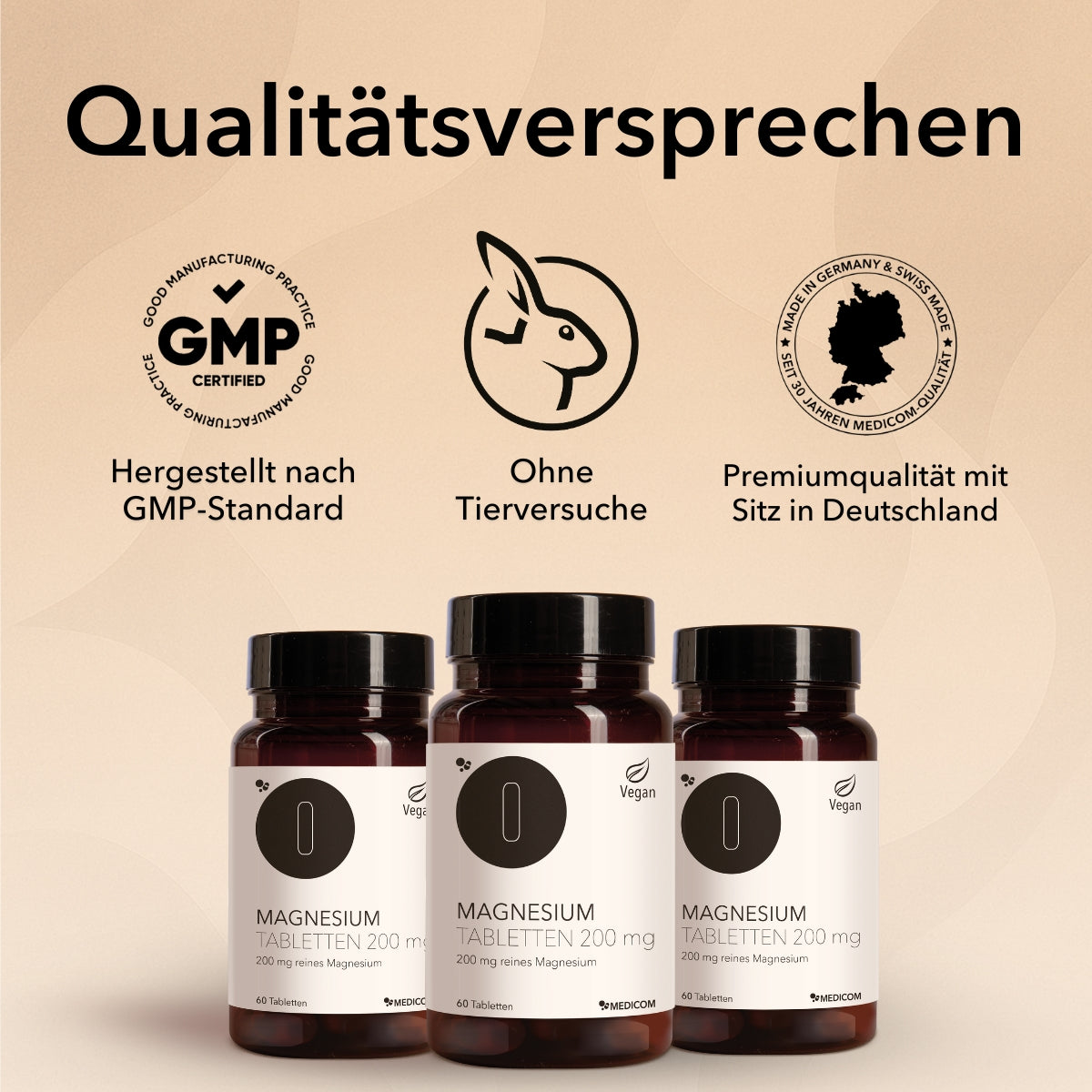 Qualitätsversprechen, hergestellt nach GMP-Standard, ohne Tierversuche, Premiumqualität. 3 Dosen Magnesium Tabletten 200 mg von Medicom
