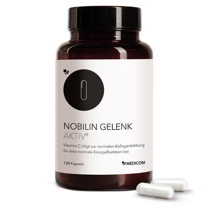 Die Produktdose von Nobilin Gelenk Aktiv® mit Vitamin C. Produktdose mit Etikett und zwei Kapseln im Vordergrund.