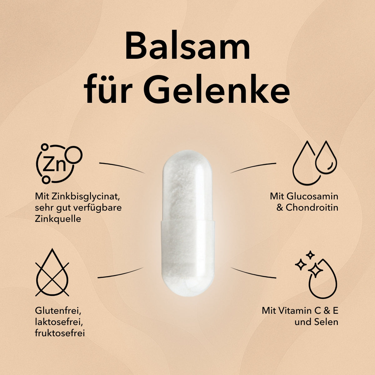 Produktinformationen zu Nobilin Gelenk Aktiv® mit dem Titel: Balsam für Gelenke gefolgt von weiteren Informationen wie
Zinkbisglycinat, Glucosamin, Chondroitin, Vitamin C und Vitamin E, frei von Gluten, Laktose und FruktoseEine Kapsel von Nobilin Gelenk Aktiv® in der Nahaufnahme.