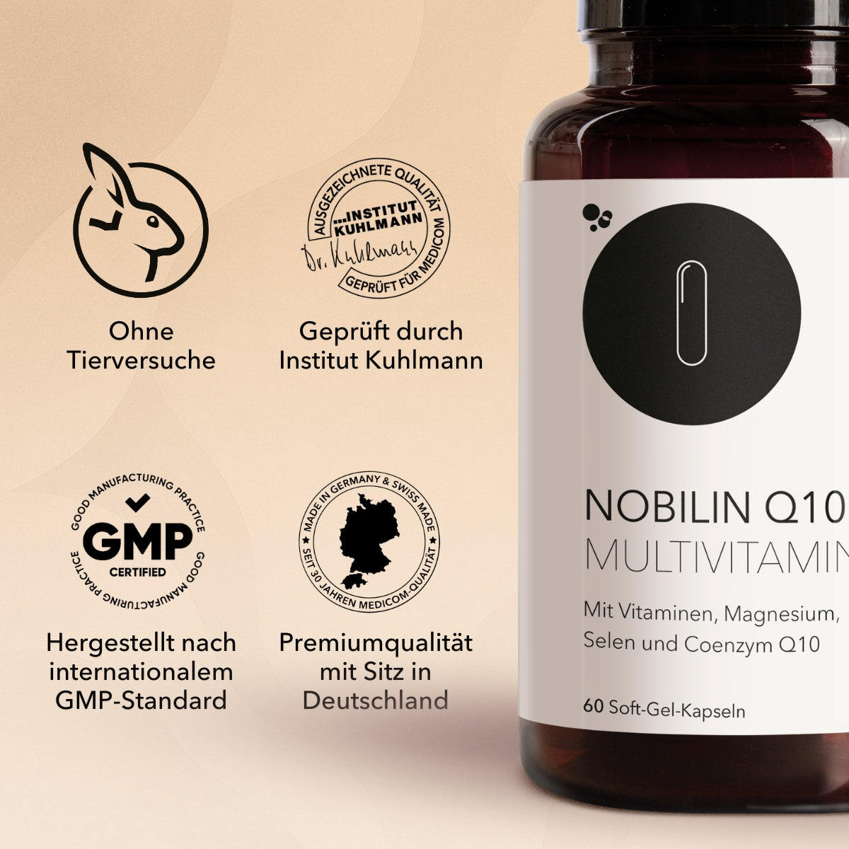 Braune Glasflasche mit Multivitamin-Kapseln aus dem Herbst-Routine-Set mit Qualitätszertifikaten.