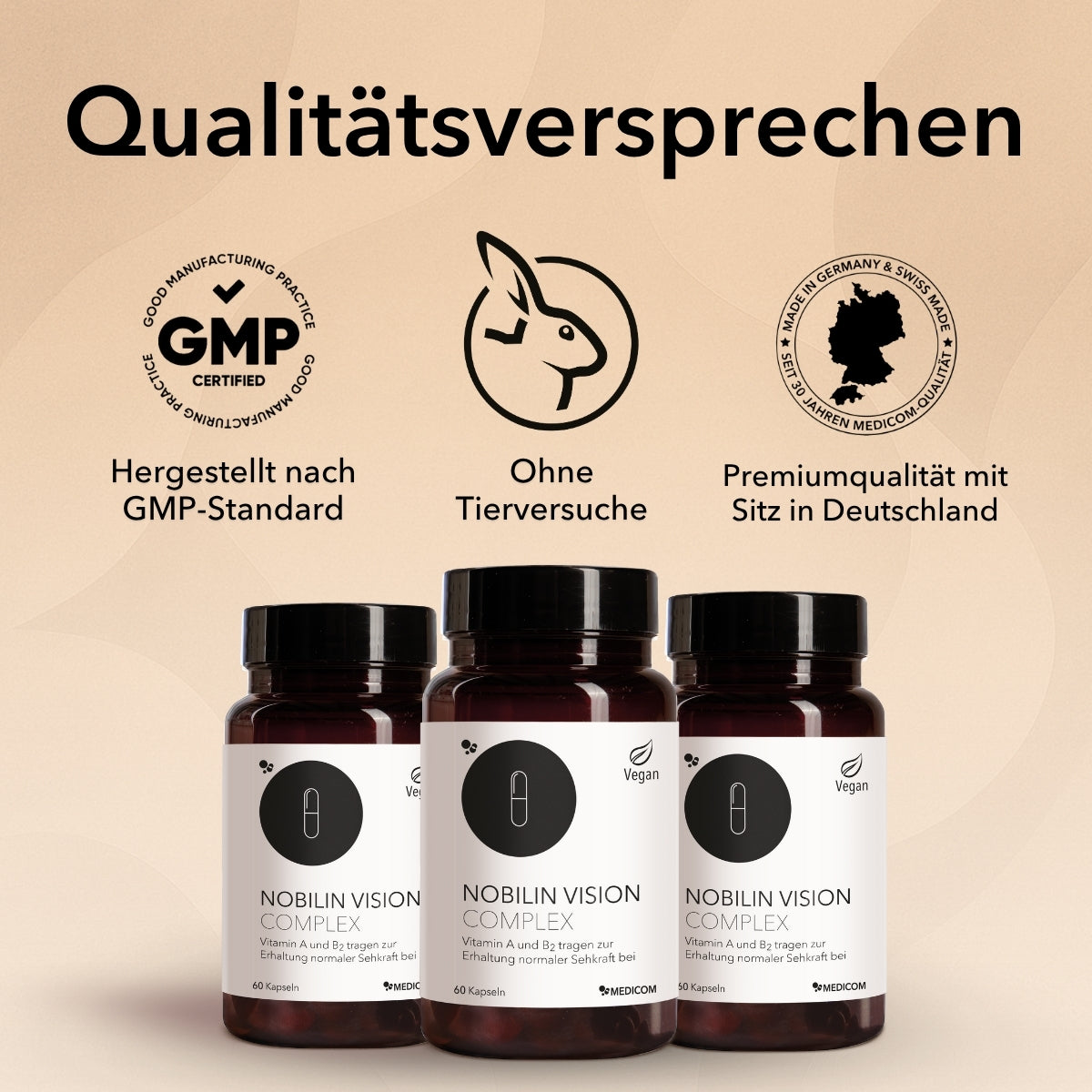 3 Produktdosen von Nobilin Vision Complex (rechts im Bild), Zertifikate und Qualitätssiegel wie tierversuchsfrei, hergestellt nach GMP-Standard und Premiumqualität mit Sitz in Deutschland.