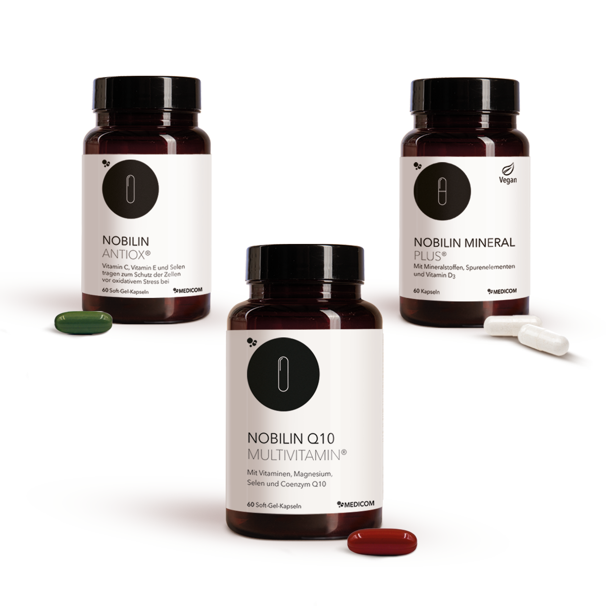 Nobilin Premium: Die sinnvoll dosierte Produktkombination von Medicom mit den drei Premium-Produkten Nobilin Q10 Multivitamin® in der Dose, Nobilin Mineral Plus® in der Dose und Nobilin Antiox® in der Dose