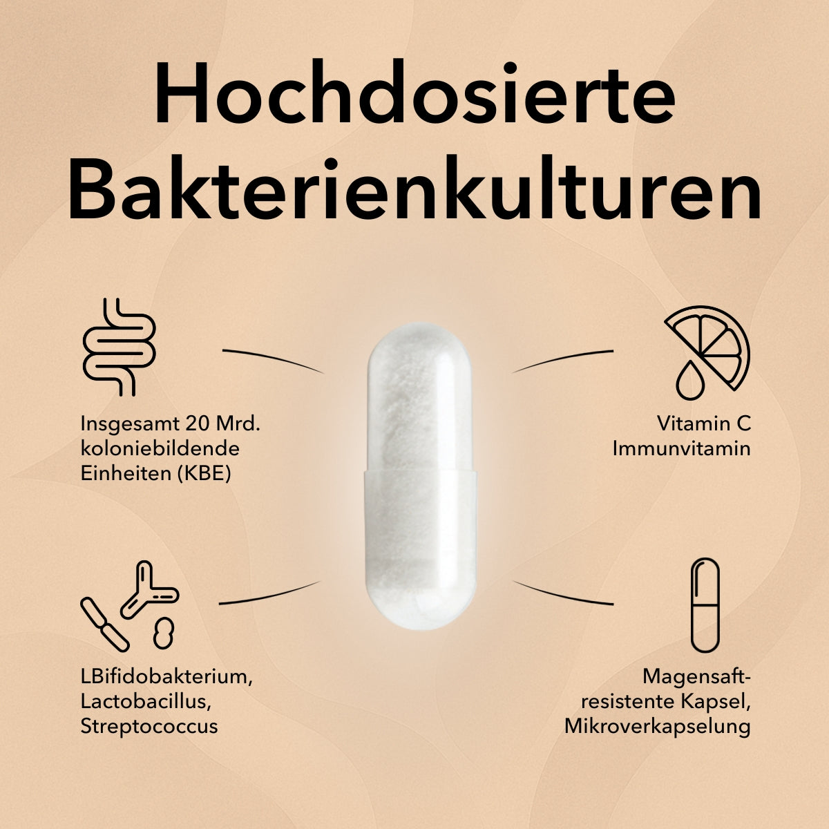 Eine Kapsel von ProImmun in der Mitte. Im Text stehen Produktinformationen zu ProImmun: Bewährte Milchsäurebakterien, sinnvolle Kombination mit Vitamin C, ganzheitliche Unterstützung