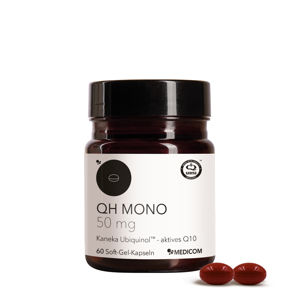 Die Produktdose von QH Mono 50 mg von Medicom, auf dem zwei rote Soft-Gel-Kapseln abgebildet sind. Auf dem Produktetikett liest man: Kaneka QH Ubiquinol, die bioatkive Form von Q10.