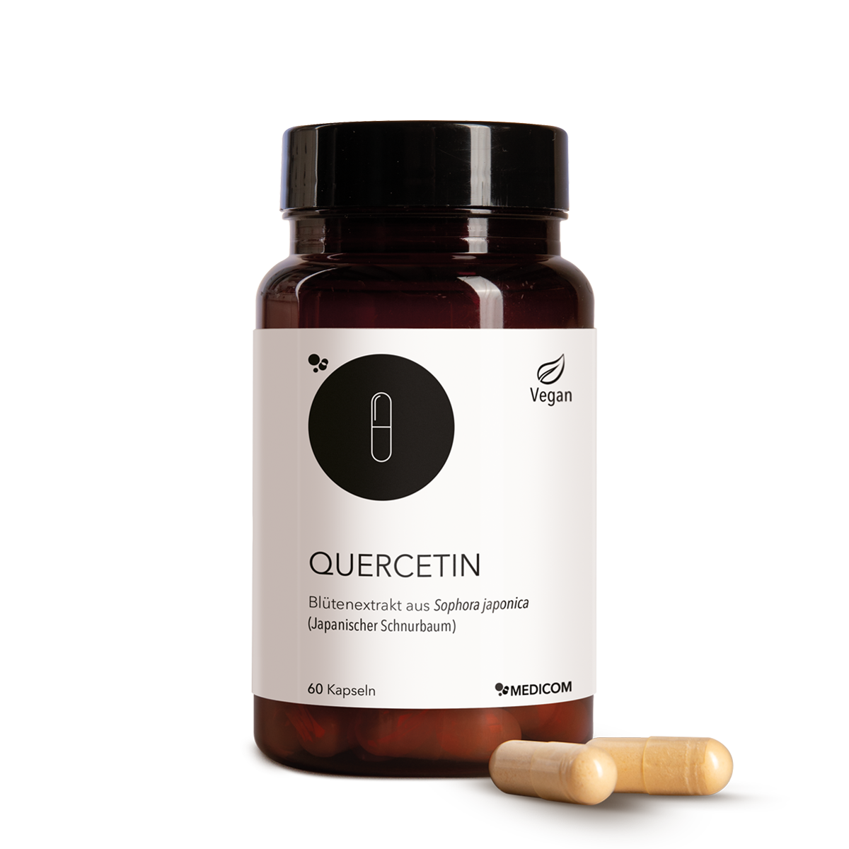 Quercetin von Medicom – die Produktdose von Quercetin mit zwei Kapseln im Vordergrund