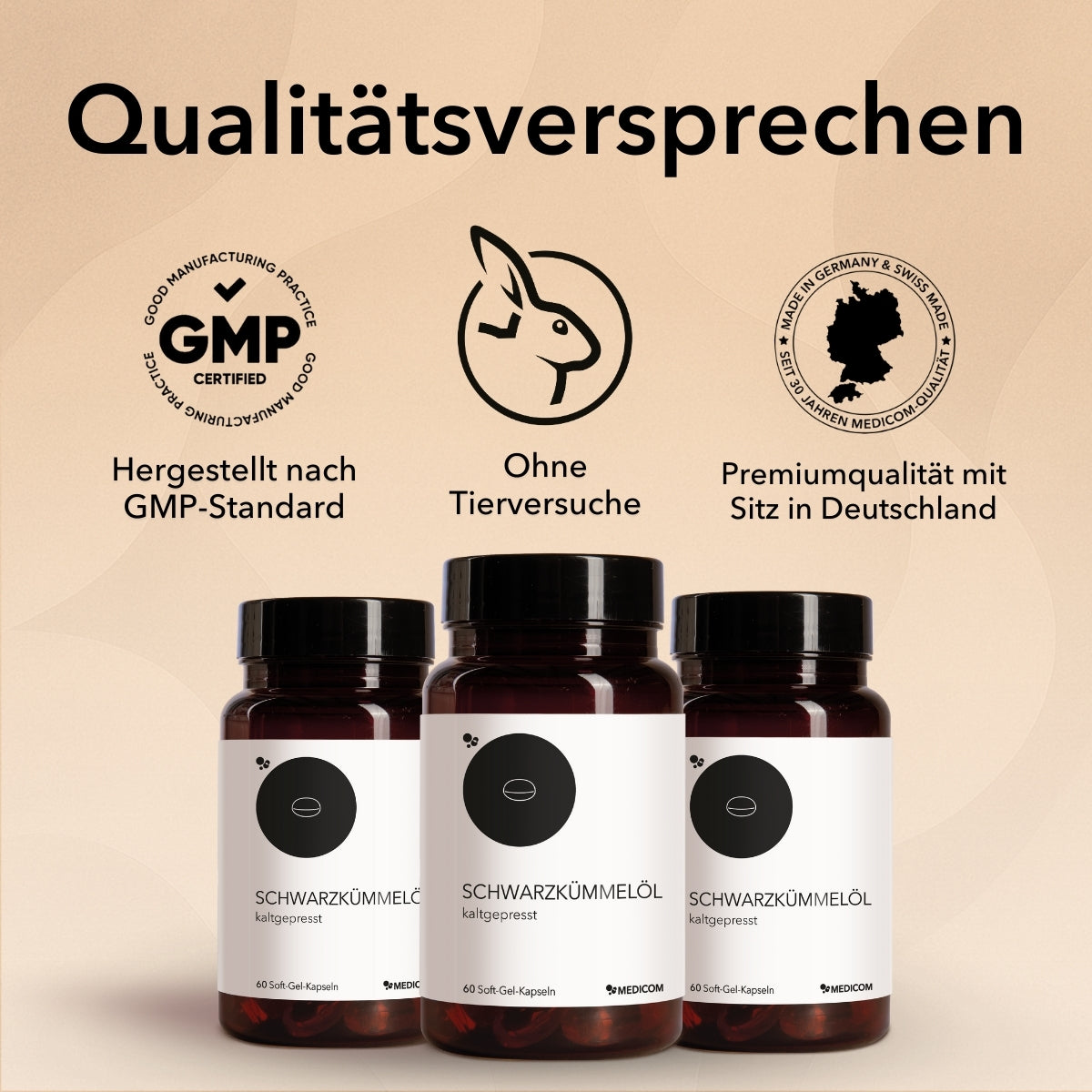 Die Produktdose von Schwarzkümmelöl mit der Information: Bewährte Pflanzenkraft - schonend kaltgepresst. Rechts im Bild ein schwarzer Balken mit Qualitätssiegeln und Qualitätsmerkmalen von Medicom.