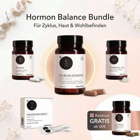 Das Paket Medicom Balanced Hormones | Woman Health mit vier Gläsern für Nahrungsergänzungsmittel und einer Magnesiumbox wird auf einem hellen Hintergrund mit Blumen dargestellt.