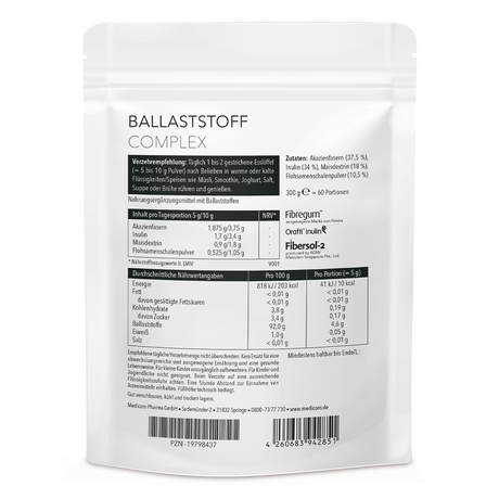 Die Rückseite des Zippbeutels von Ballaststoff Complex von Medicom