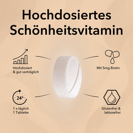 Produktinformationen zu Biotin von Medicom: hochdosiertes Schönheitsvitamin, hochdosiert und gut verträglich, mit 5 mg Biotin , 1 x täglich eine Tablette, glutenfrei und laktosefrei