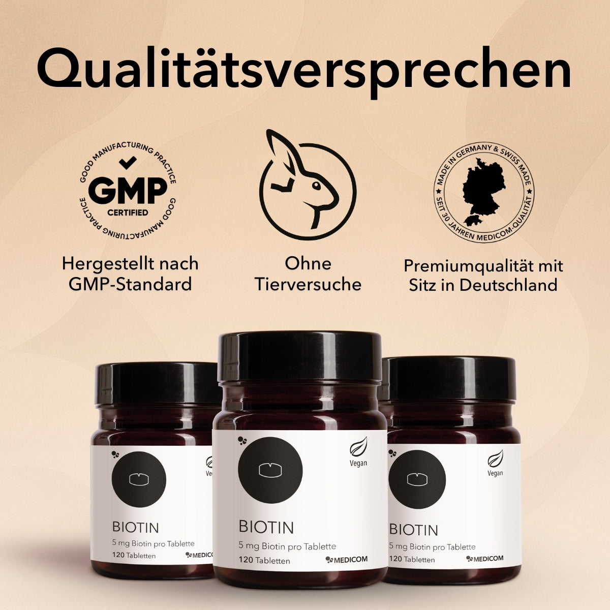 3 Produktdosen von Biotin im Vordergrund, Qualitätssiegel und Zertifikate von Medicom , mit dem GMP-Standard-Logo, ohne Tierversuche, Premium-Qualität mit Sitz in Deutschland 