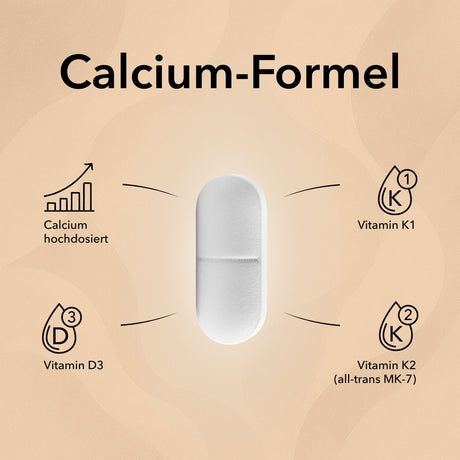 Die Tablette von Calcium Tabletten 600 mg von Medicom mit Produktinformationen: Vitamin K1, Vitamin K2, Vitamin D3