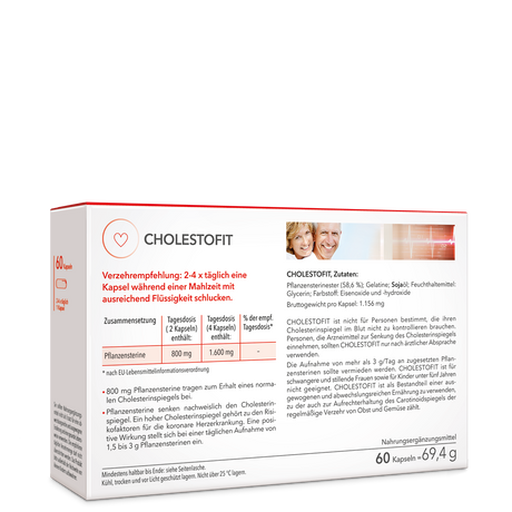 Die Rückseite der Packung Cholestofit mit Angabe der Verzehrempfehlung, Zusammensetzung und Zutaten