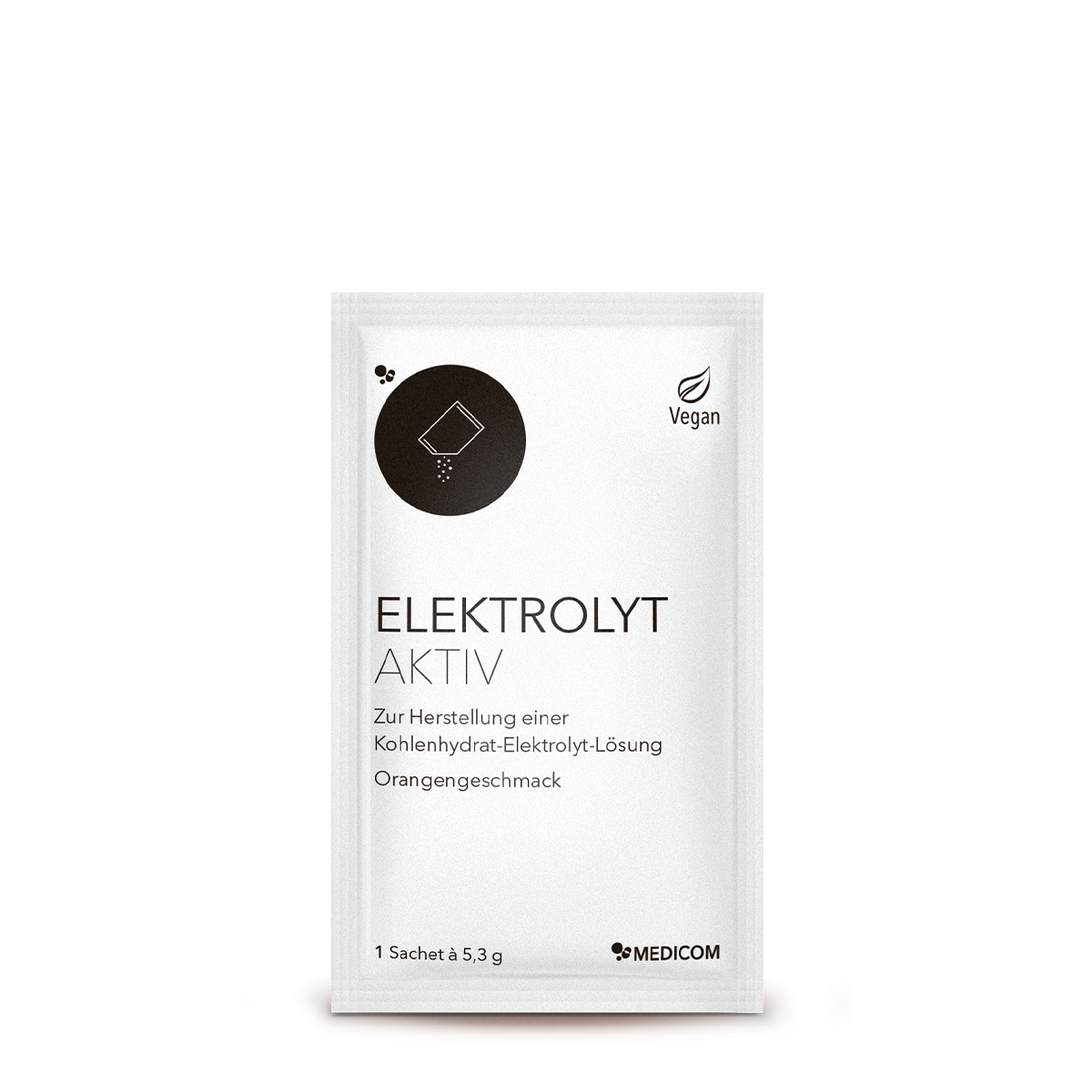 Ein weißes Päckchen – das Sachet von Medicom Elektrolyt Aktiv Pulver mit Orangengeschmack, 100 % vegan,  pro Sachet 5,3 g.