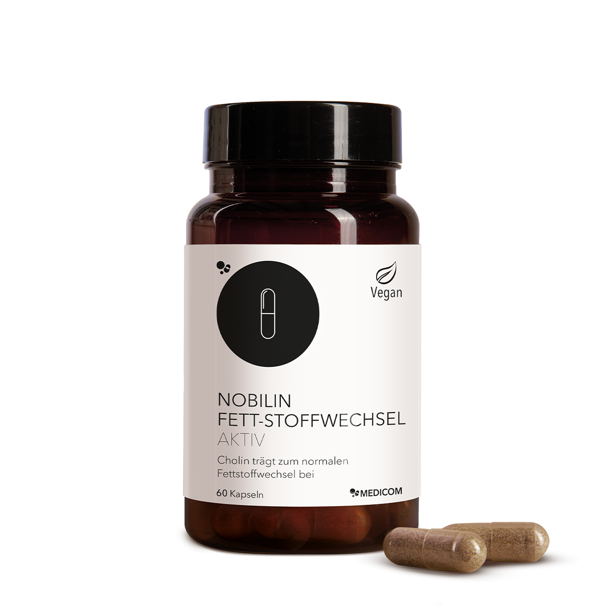 Die Vorderansicht der Produktdose von Nobilin Fett-Stoffwechsel Aktiv mit zwei Kapseln im Vordergrund. Auf dem Etikett steht der Produktname, 60 Kapseln und ein Vegan-Icon