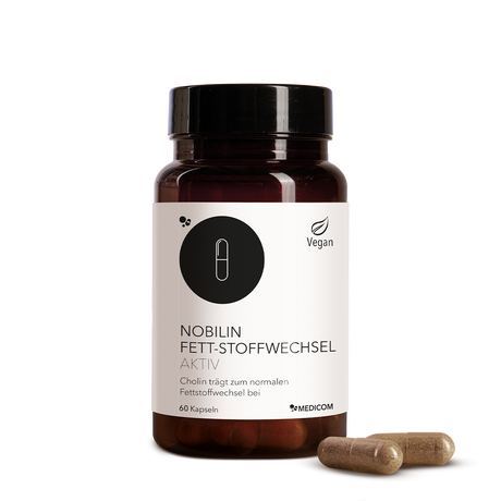 Die Vorderansicht der Produktdose von Nobilin Fett-Stoffwechsel Aktiv mit zwei Kapseln im Vordergrund. Auf dem Etikett steht der Produktname, 60 Kapseln und ein Vegan-Icon