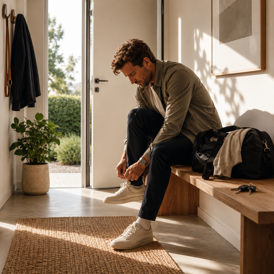 Ein Mann schnürt sich die Schuhe bevor er aus dem Haus geht. 
