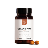 Eine Flasche mit der Aufschrift Median Gelenk Pro von Medicom und drei braune Kapseln mit Curcumin-Konzentrat sind auf weißem Hintergrund zu sehen.