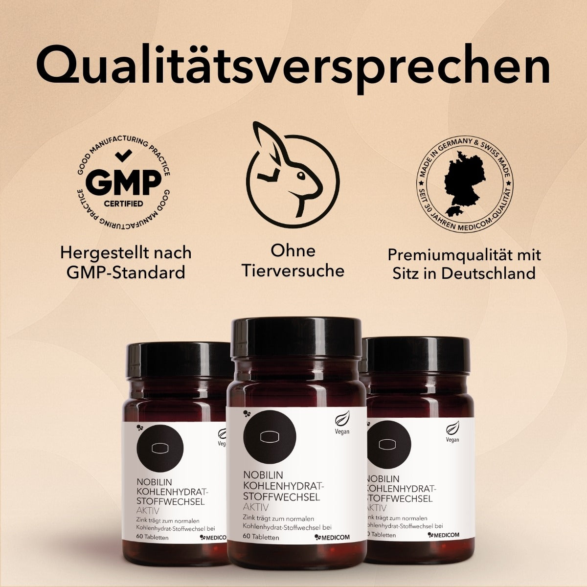Qualitätsversprechen von Medicom GMP zertifiziert, ohne Tierversuche, Premiumqualität mit Sitz in Deutschland, 3 Produktdosen von Nobilin Kohlenhydrat-Stoffwechsel Aktiv