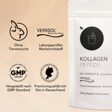 Zippbeutel von Kollagen Peptide. Links im Bild Zertifikate und Qualitätssiegel wie: Ohne Tierversuche, patentierter Markenrohstoff VERSIOL® B, hergestellt nach GMP-Standard, Premiumqualität mit Sitz in Deutschland