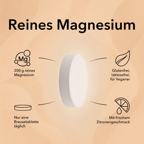 Die Tablette von Magnesium Brausetabletten 200 mg mit Produktinformationen wie 200 g reines Magnesium, nur eine Brausetablette täglich, glutenfrei, laktosefrei, für Veganer, mit frischem Zitronengeschmack.
