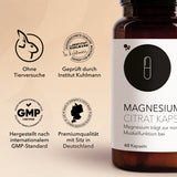 Die Produktdose von Magnesium Citrat Kapseln mit Qualitätsmerkmalen und Zertifikaten: Ohne Zertifikate, hergestellt nach GMP-Standard und Premiumqualität mit Sitz in Deutschland