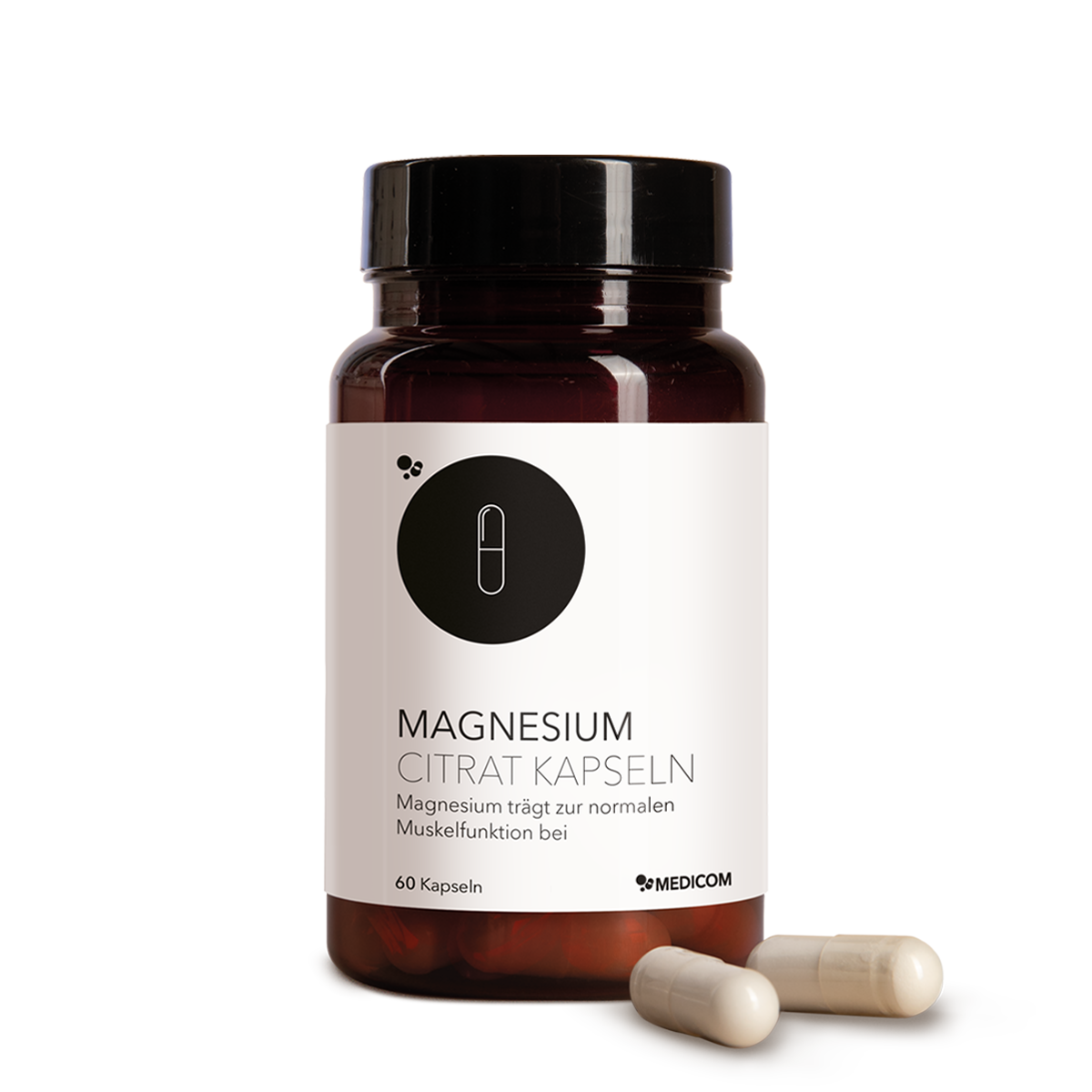 Die Produktdose von Magnesium Citrat Kapseln von Medicom mit zwei Kapseln im Vordergrund