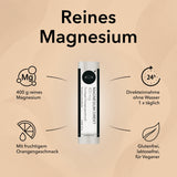 Die Produktverpackung von Magnesium Direkt Sticks 400 mg mit Produktinformationen wie reines Magnesium, 400 g reines Magnesium. mit fruchtigem Orangengeschmack, Direkteinnahme ohne Wasser  1 x täglich 

