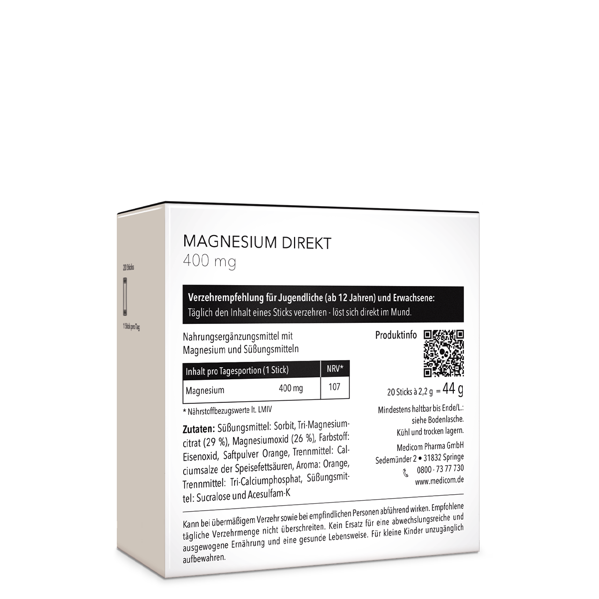 Die Rückseite von Magnesium Direkt 400 mg mit genauer Angabe von Verzehrempfehlung, Zusammensetzung und Zutaten.