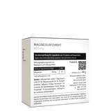 Die Rückseite von Magnesium Direkt 400 mg mit genauer Angabe von Verzehrempfehlung, Zusammensetzung und Zutaten.