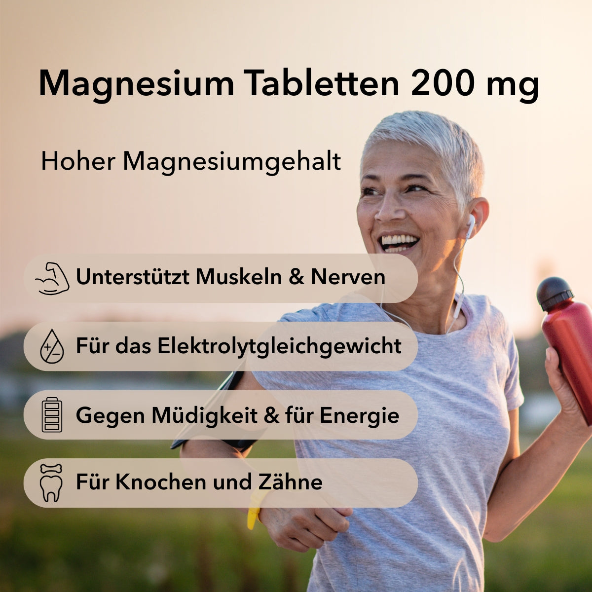 Produktinformationen zu Magnesium Tabletten 200 mg von Medicom. Eine ältere Joggerin (rechts im Bild). Die Anwendungsgebiete von Magnesium: Muskeln und Nerven, Elektrolytgleichgewicht, gegen Müdigkeit und für Energie , für Knochen und Zähne.