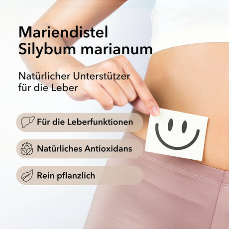 Produktinformationen zu Mariendistel von Medicom mit Anwendungsgebieten: für die Leberfunktionen, natürliches Antioxidans, rein pflanzlich. Rechts im Bild: Eine Frau mit einem happy Smiley an ihrer Leber