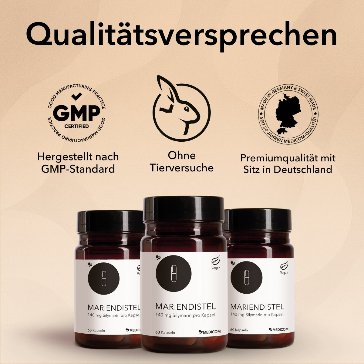 Qualitätsversprechen, hergestellt nach GMP-Standard, ohne Tierversuche, Premiumqualität. 3 Dosen von Mariendistel von Medicom unten im Bild