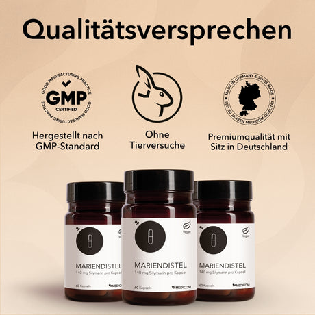 Qualitätsversprechen, hergestellt nach GMP-Standard, ohne Tierversuche, Premiumqualität. 3 Dosen von Mariendistel von Medicom unten im Bild