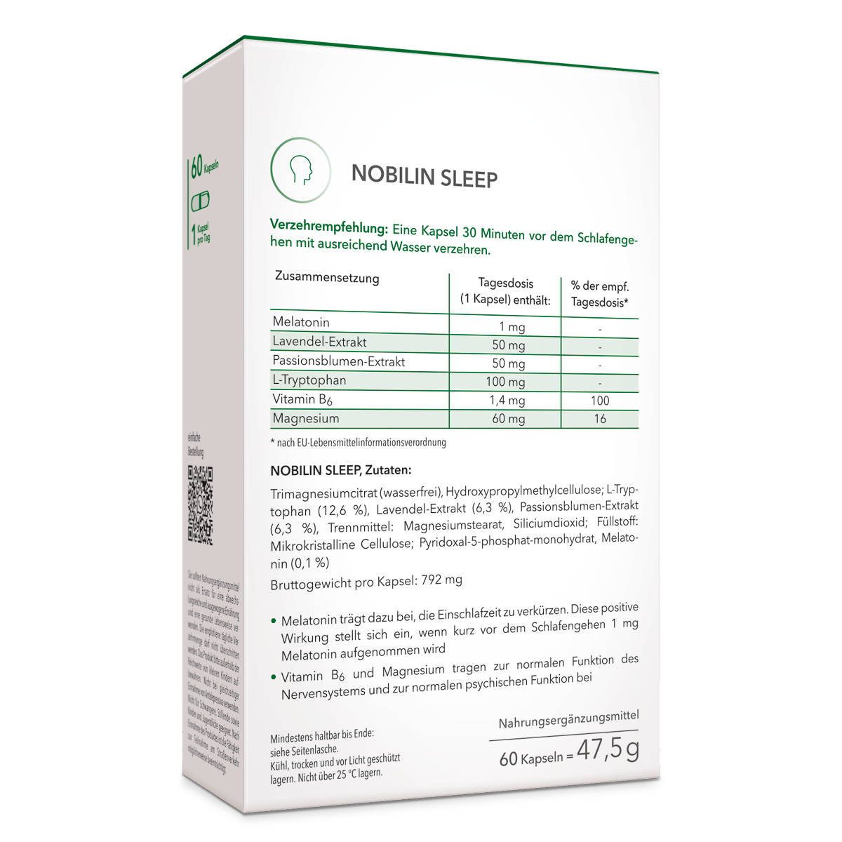 Nobilin Sleep – die Rückseite der Produktpackung mit genauer Angabe von Verzehrempfehlung, Zutaten und Zusammensetzung.