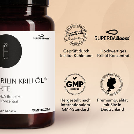 Braunes Herbst-Routine-Set: Flasche Krillöl mit Zertifikat und deutscher Beschriftung.