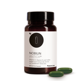 Die Produktdose von Nobilin Antiox® mit zwei grünen Soft-Gel-Kapseln im Vordergrund
