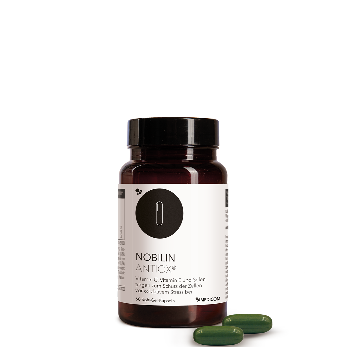 Die Produktdose von Nobilin Antiox® – Vorderansicht mit zwei Kapseln vor der Produktdose