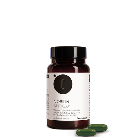 Die Produktdose von Nobilin Antiox® – Vorderansicht mit zwei Kapseln vor der Produktdose