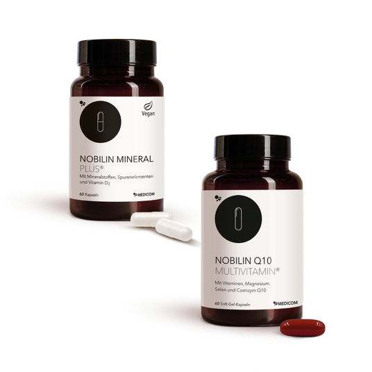 Die Produktkombination von Nobilin First mit Nobilin Mineral Plus® und Nobilin Q10 Multivitamin® in der Vorderansicht