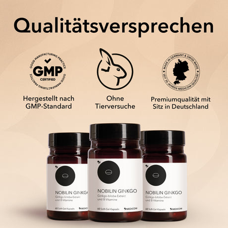 Das Qualitätsversprechen von Medicom mit drei Icons von Medicom: hergestellt nach GMP-Standard, ohne Tierversuche, Premiumqualität mit Sitz in Deutschland. Drei Produktdosen von Nobilin Ginkgo unten abgebildet.