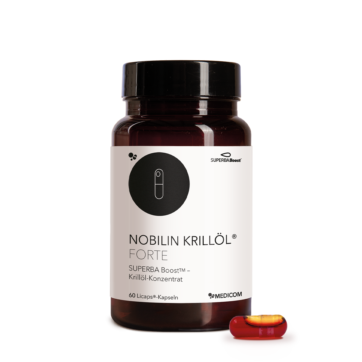 Die Produktdose von Nobilin Krillöl® Forte und eine Licaps-Kapsel im Vordergrund