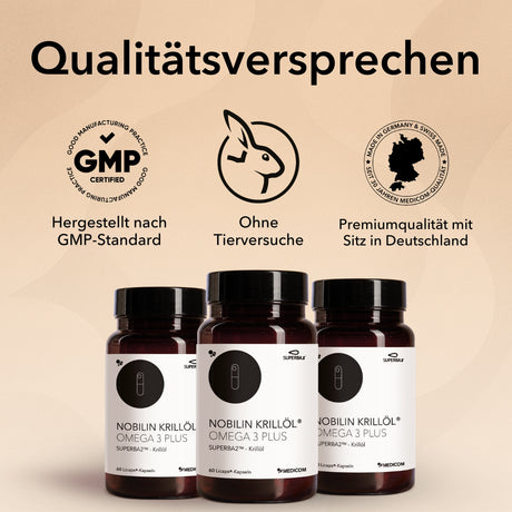 Mehrere Qualitätssiegel und Zertifikate des Produktes Nobilin Krillöl® Omega 3 Plus von Medicom